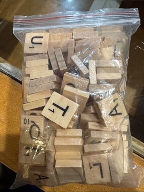 Scrabble Game Wood Letter Tiles in Clear Zip Bag - Natural Wood Color